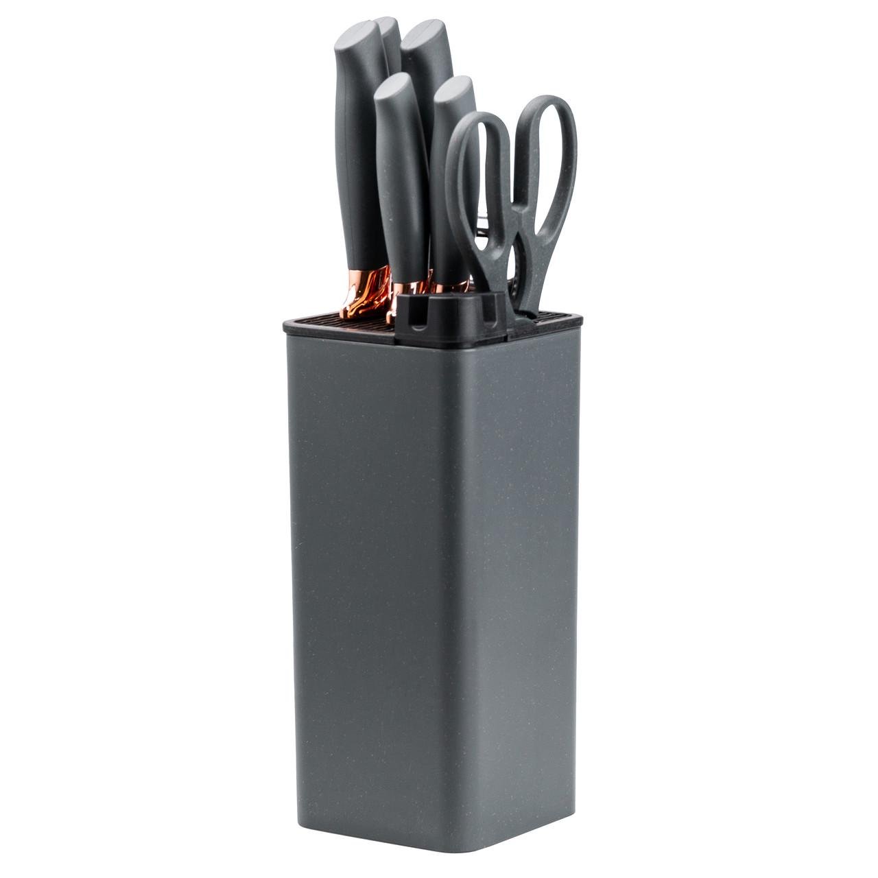 Набор кухонных ножей с ножницами и овощечисткой на подставке 5 штук Черный - фото 4