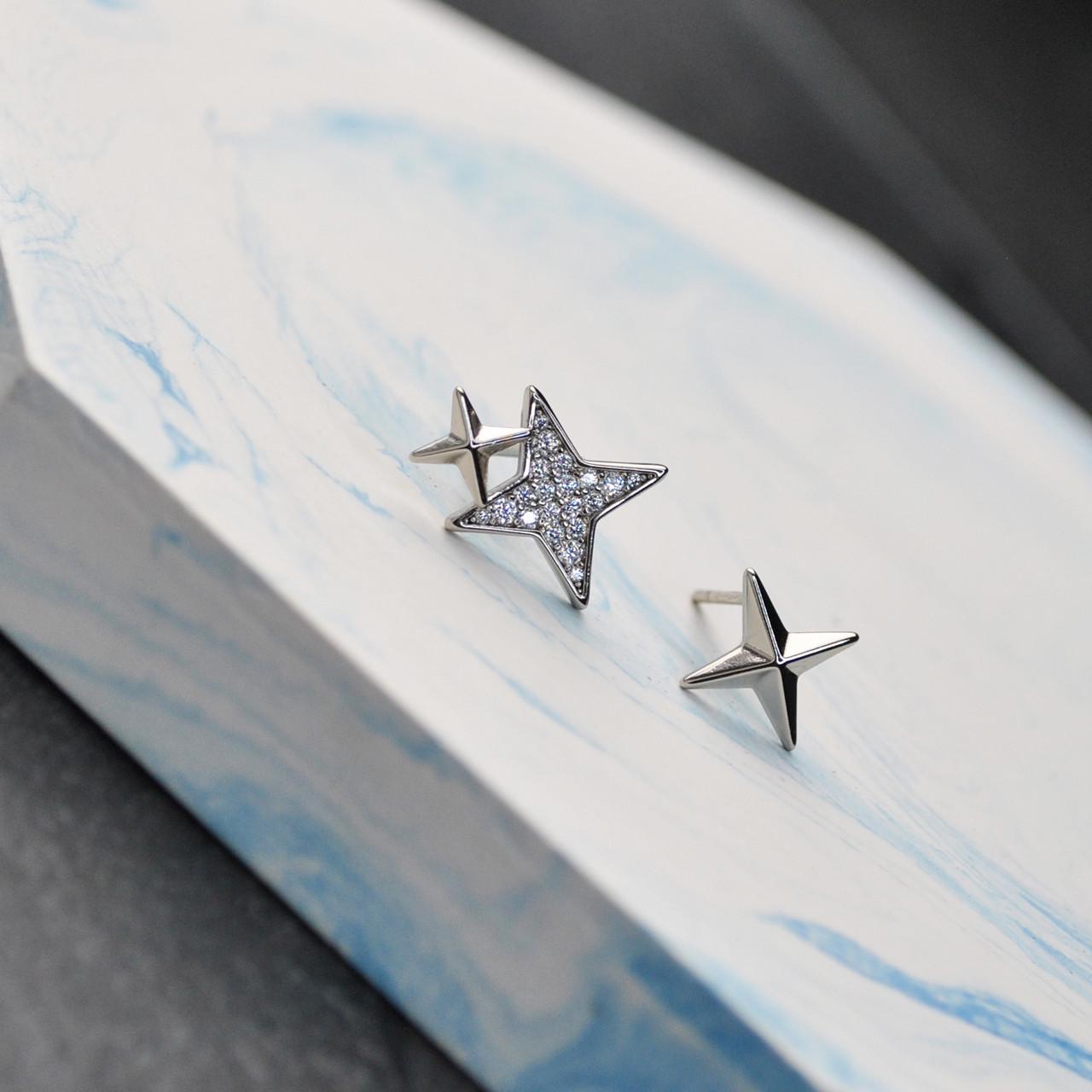Сережки-гвоздики асимметричные Звезды медицинская сталь родий (x047)