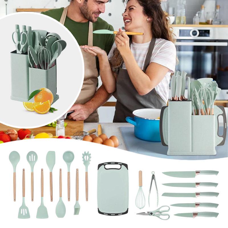 Набір кухонного приладдя 19 предметів силіконові прибори/набір ножів на підставці/дошка для нарізання Green (e2f410f3) - фото 3