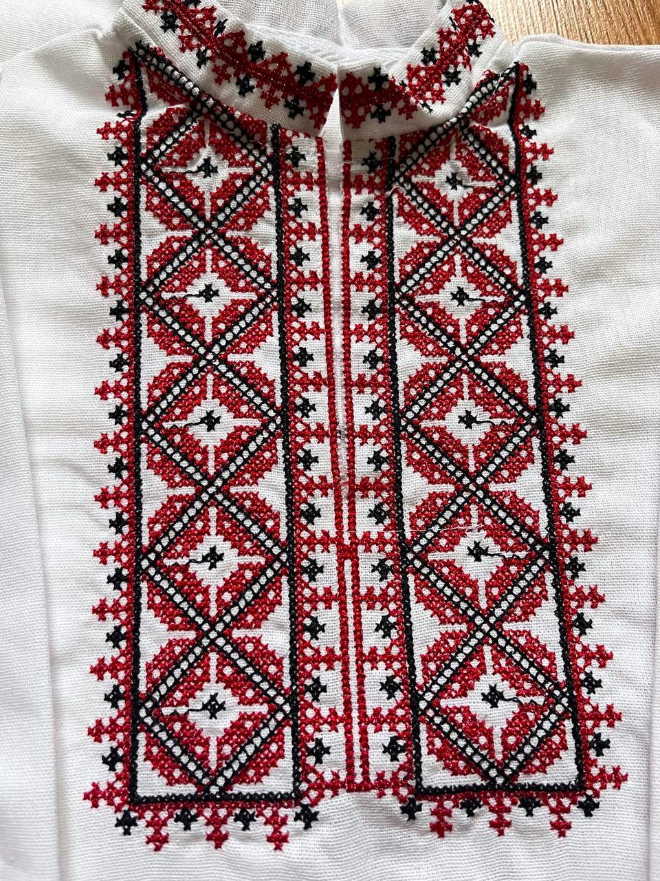 Вышиванка на мальчика лен с красным орнаметом с длинным рукавом 158 см Белый (1887835831) - фото 2