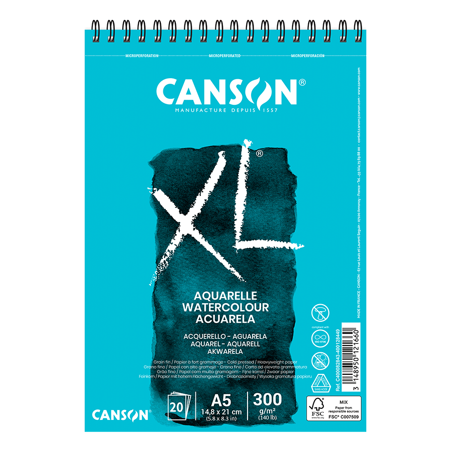 Альбом для акварели Canson XL Aquarelle Cold Pressed на спирали 300 г/кв. м 20 л. A5 Белый (0082-843)