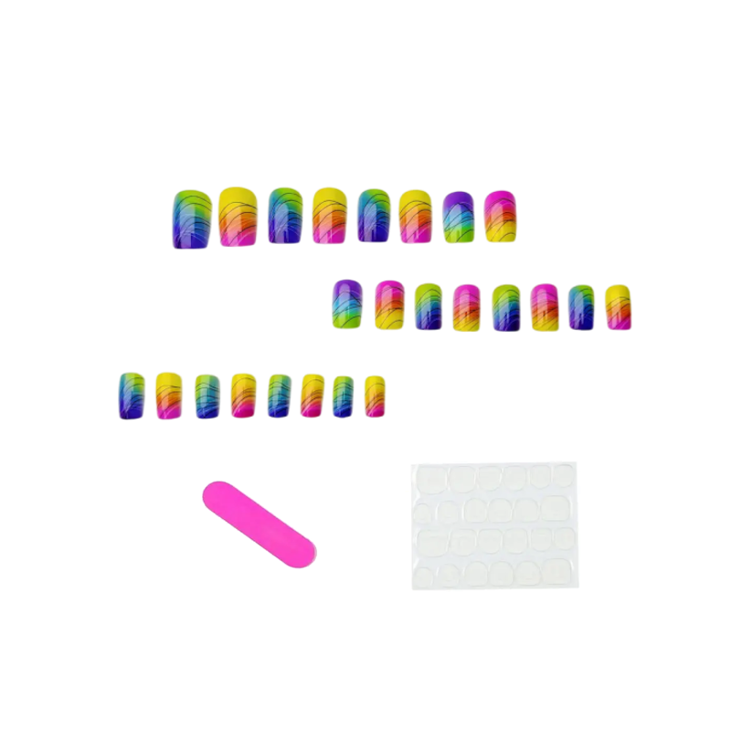 Нігті накладні Веселка квадрат середньої довжини з клейовими стіками 24 шт. Різнокольорові (3000003756)