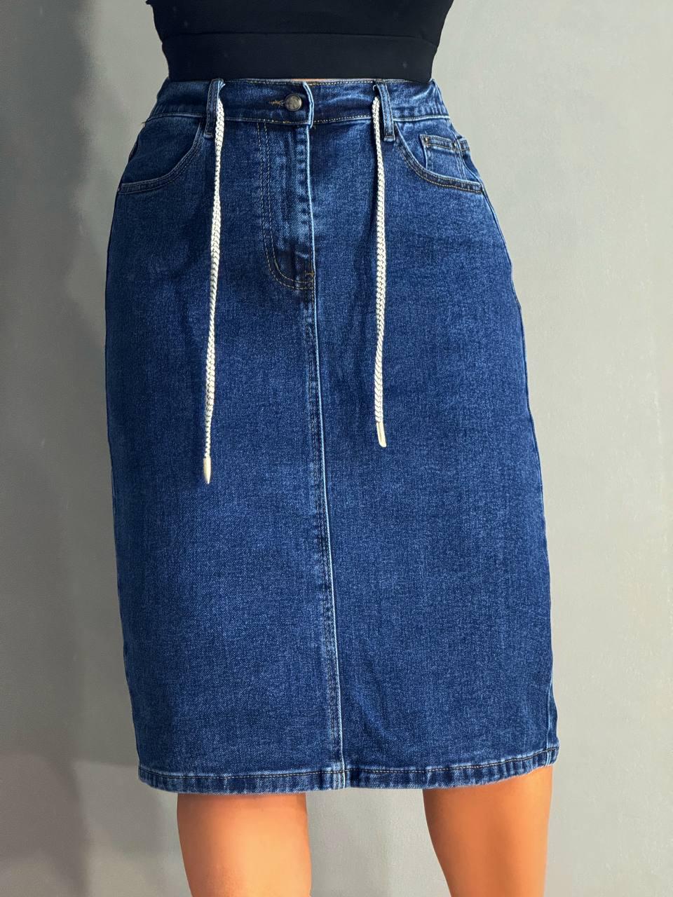Юбка женская джинсовая Vanver 8237 резинка шнурок с разрезом вареная миди р. 34 Синий (4781) - фото 7