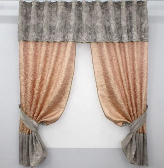 Комплект штор на кухню с ламбрекеном 275х170 см Персиковый/Кофейно-серый (073к)