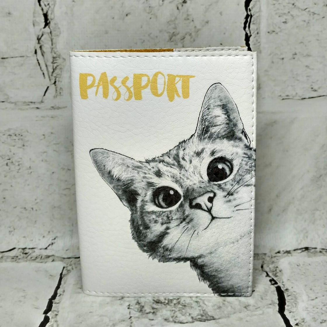 Обложка для паспорта Котик экокожа 9,5х13,5 см Белый (213)