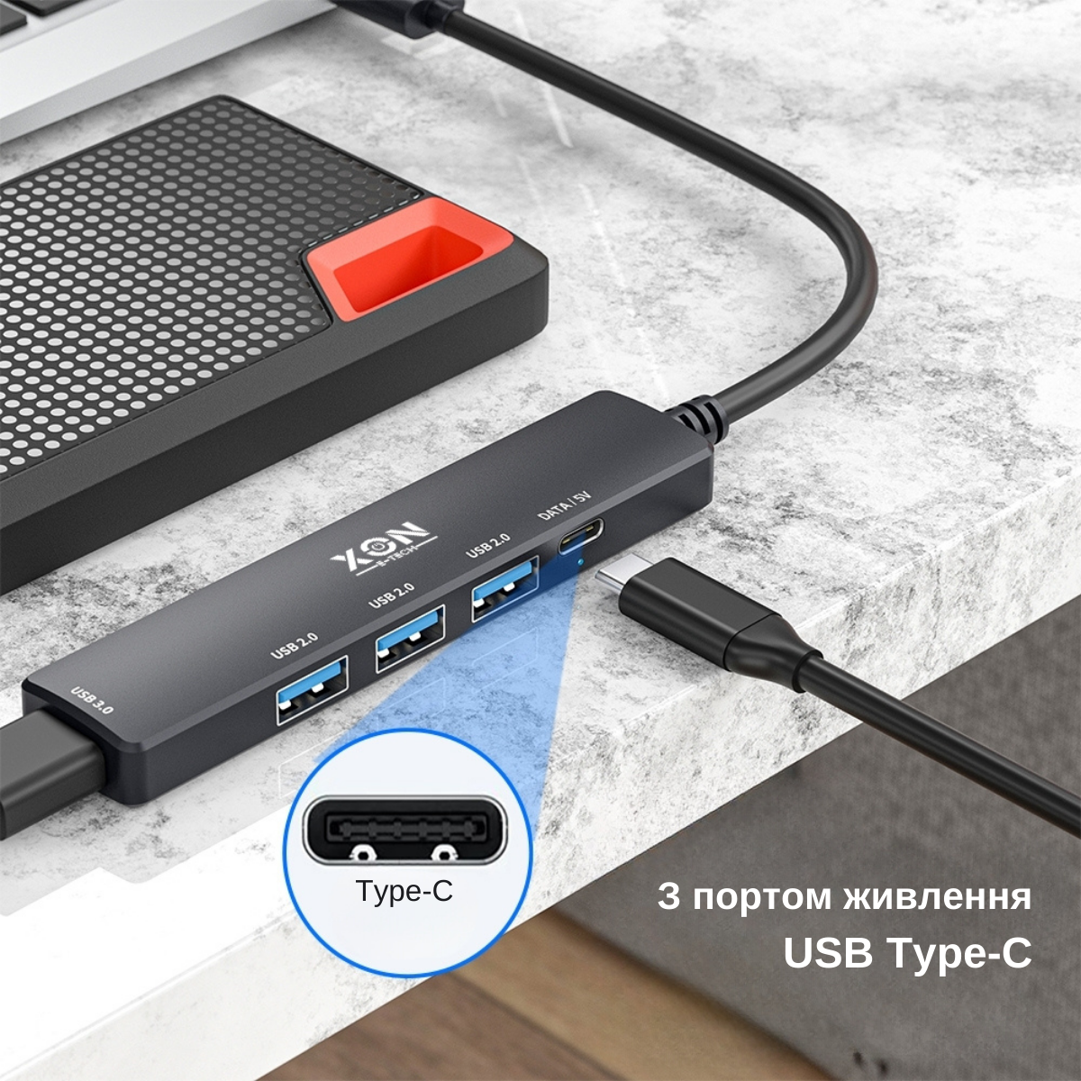 USB-хаб XON SmartHub 5в1 Type-С Чорний (UHCHP055300B 5122) - фото 13