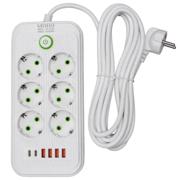 Фильтр-удлинитель сетевой 6 розеток 4 USB-A 2 Type-C кабель 5 м 2500 Вт Белый
