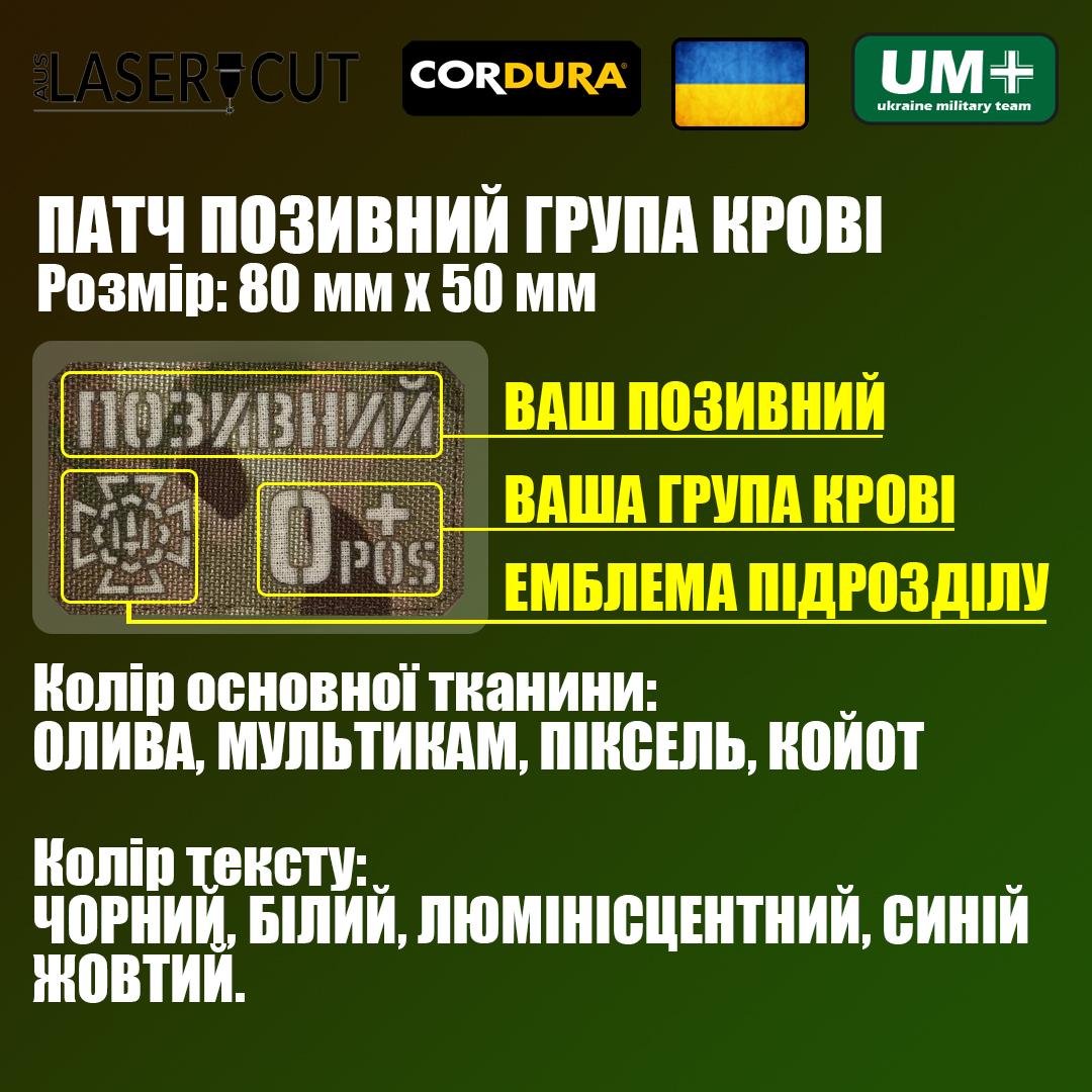 Шеврон на липучці Laser Cut UMT Прізвище/позивний/група крові/знак підрозділу розмір 80х50 мм Білий/Олива - фото 3