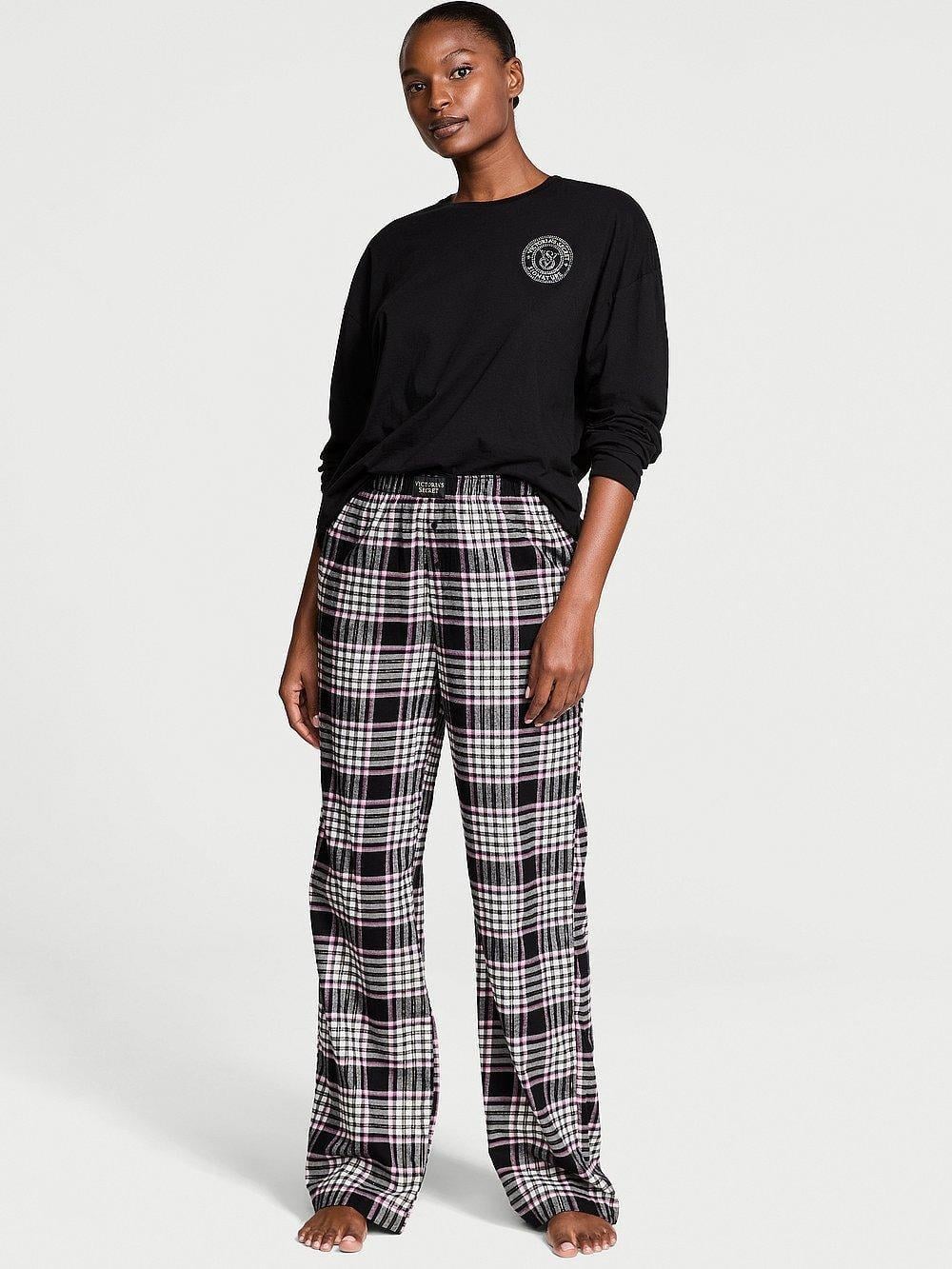 Пижама хлопковая Victoria's Secret Flannel Short-Sleeve Long Tee-Jama Set Regular XS Черный (2671316D)