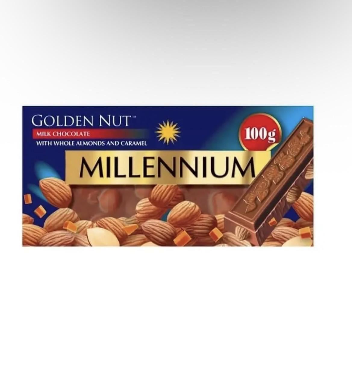 Шоколад молочний Millennium Golden Nut з цільним мигдалем та карамеллю 100 г