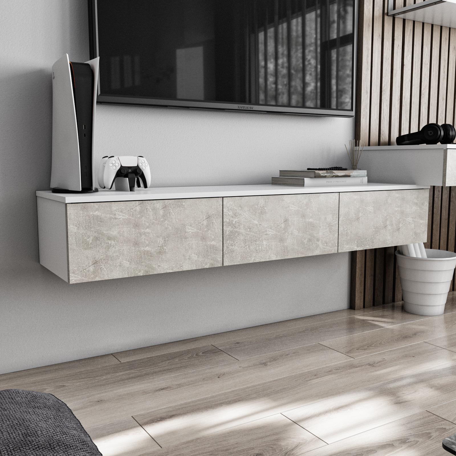 Тумба под телевизор подвесная 1500x242x360 мм Белый/Бетон (mt-221-wh-bt)