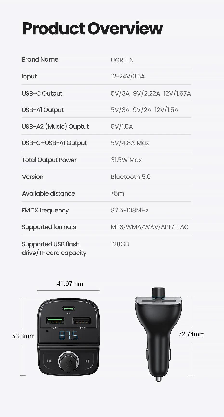 Адаптер UGREEN Bluetooth 5.0 FM-передатчик радио 2x Type-C/1x USB-A QC/PD 3.0 Hand-Free Черный (80910) - фото 9