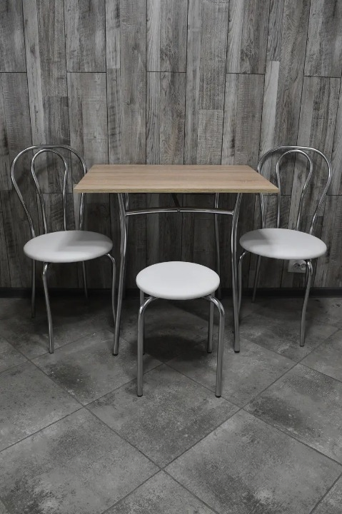 Кухонний комплект Tulipan Тріо стіл/стільці 2 шт./табурет в хромі-корпусі 60х80х75 см Сонома/Білий (28374273)