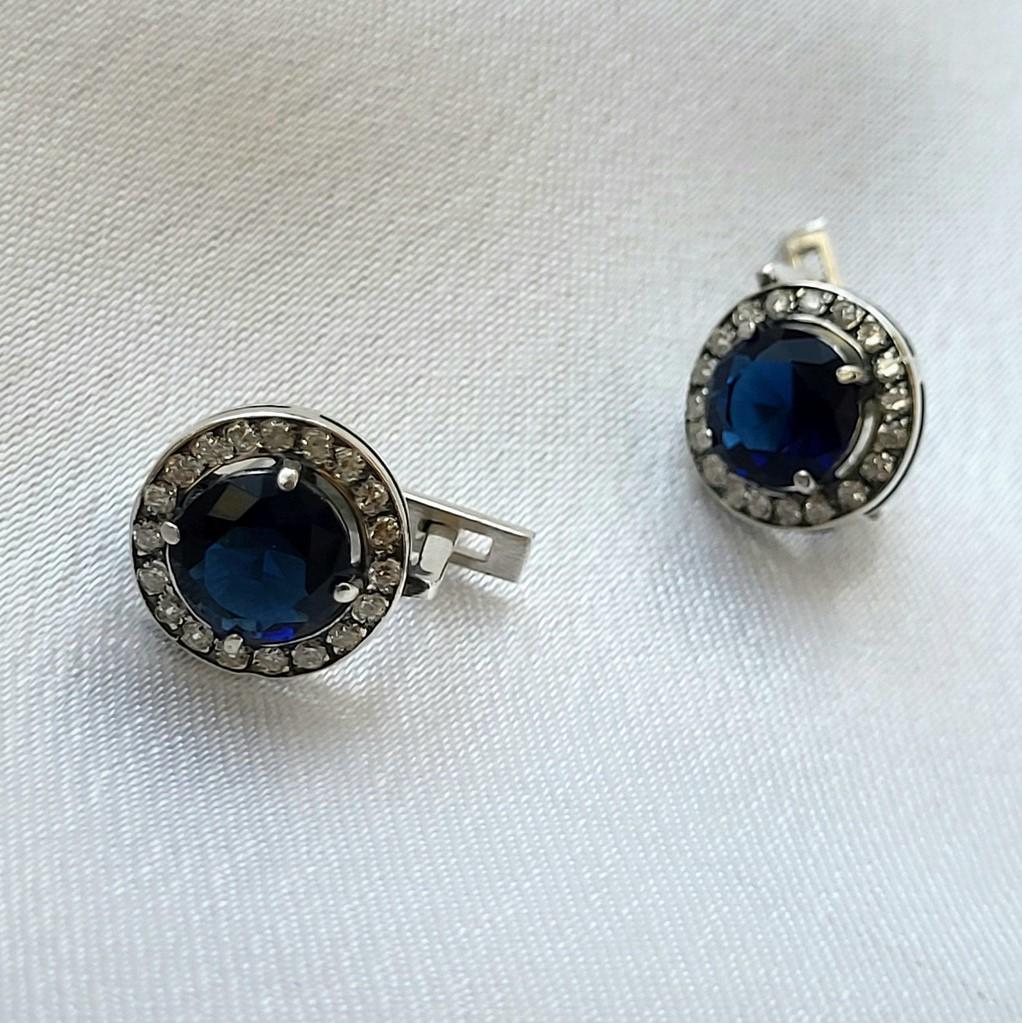 Серьги вставка круг с камнем черненое из серебра 925 проба 3,20 г (21090)