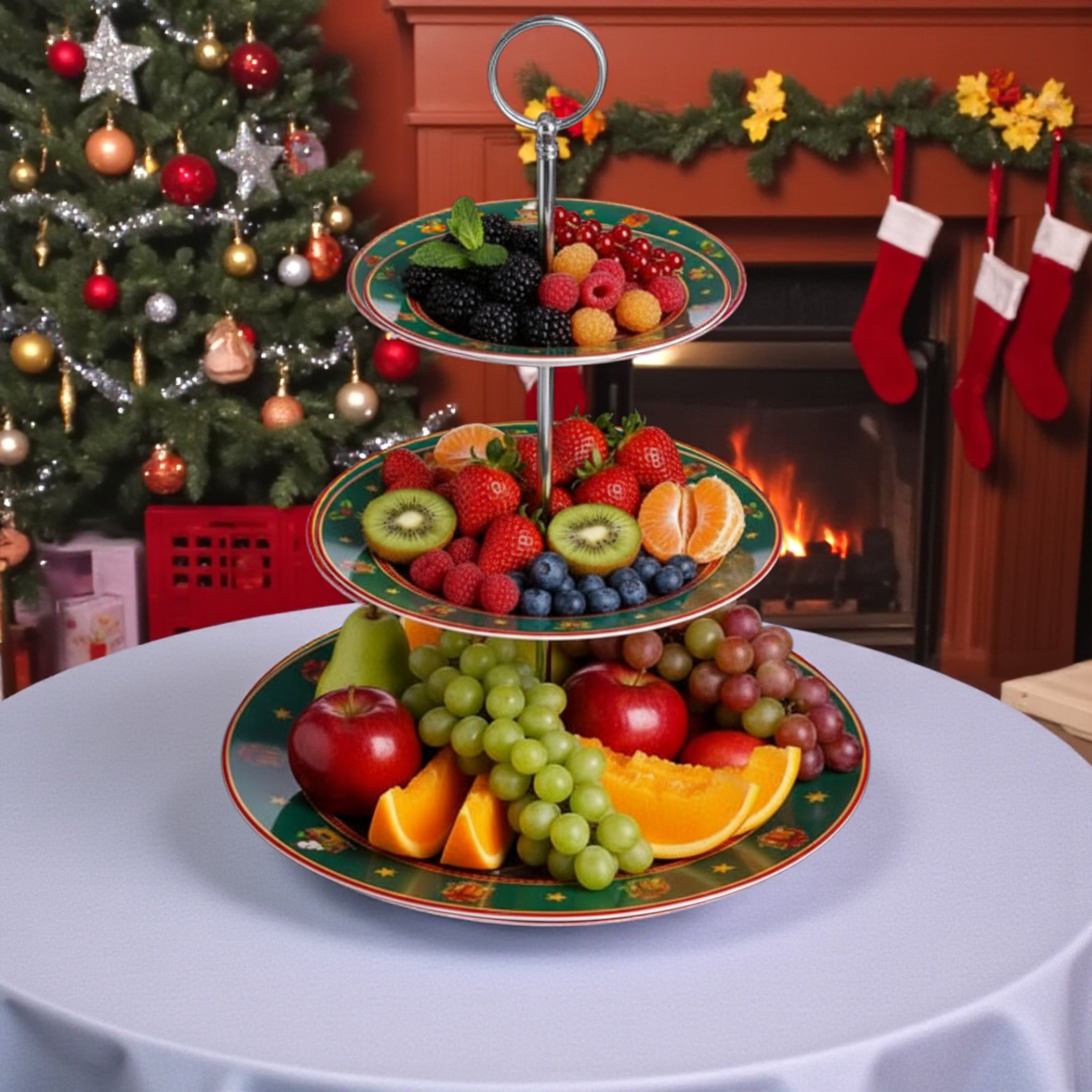 Етажерка порцелянова 3-ярусна кругла для фруктів та десертів Santa з різдвяним принтом 34 см Різнокольоровий (HP-SDHK-9) - фото 3 Етажерка порцелянова 3-ярусна кругла для фруктів та десертів Santa з різдвяним принтом 34 см Різнокольоровий (HP-SDHK-9) - фото 3