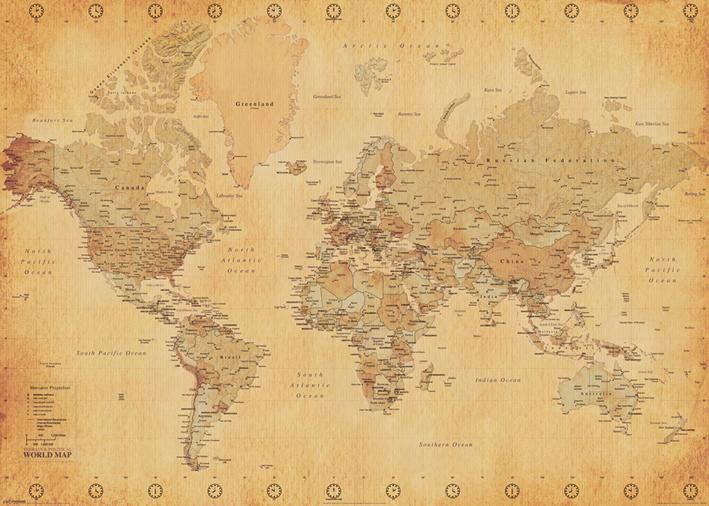 Постер плакат Карта Світу Вінтажний Стиль/World Map Vintage Style 100x140 см