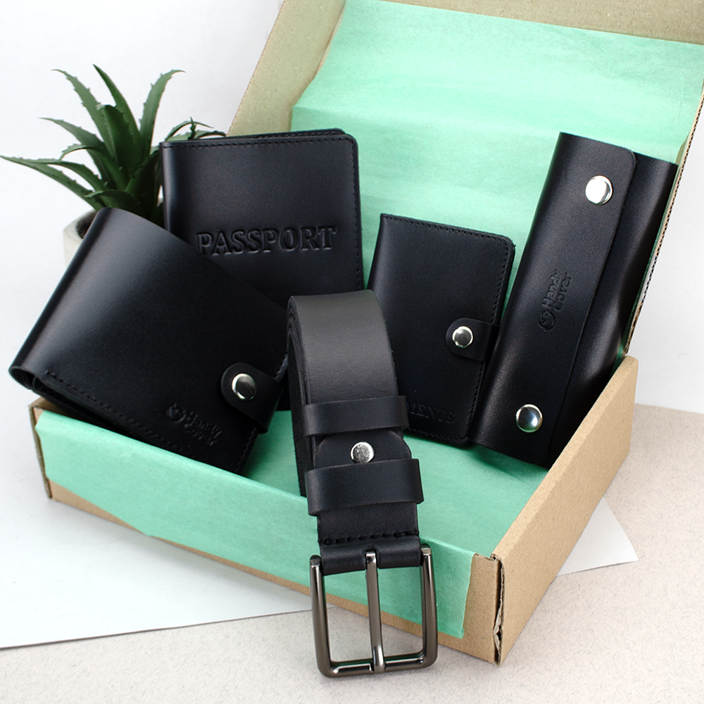 Подарочный набор мужской №24 ремень/портмоне/ключница/обложка на паспорт/на документы Черный (874452223) - фото 1