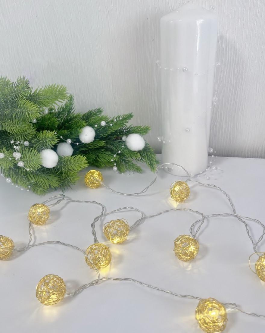 Гирлянда Золотые шарики 10LED 2 батарейки АА 2 м Белый теплый (1722614246)