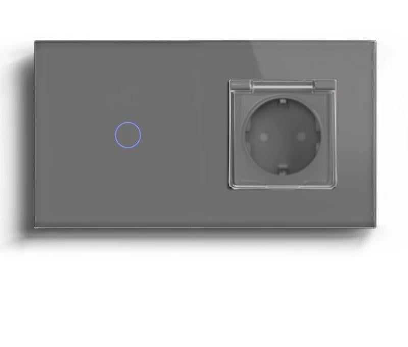 Выключатель умный LUXION сенсорный/проходной с розеткой IP44 крышка 16А 230В с заземлением/шторками стекло Серый