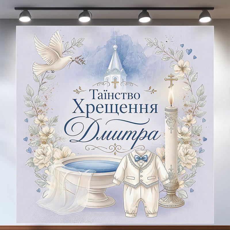 Фотозона на крестины Таинство Крещения с купелью, костюмчиком и свечой 160х160см, №48044