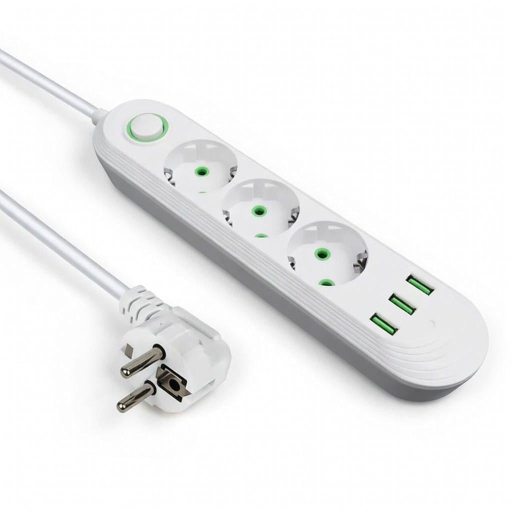 Подовжувач із трьома розетками та 3 USB 2 м Білий