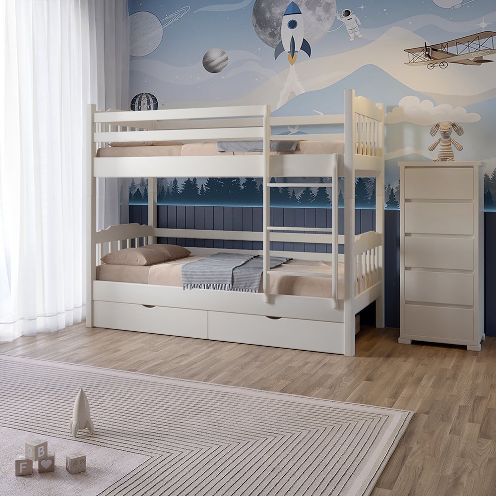 Кровать двухъярусная деревянная Mebigrand Бай-Бай S0505Y30R с ящиками 90x190 см Айвори (MBG-2377)