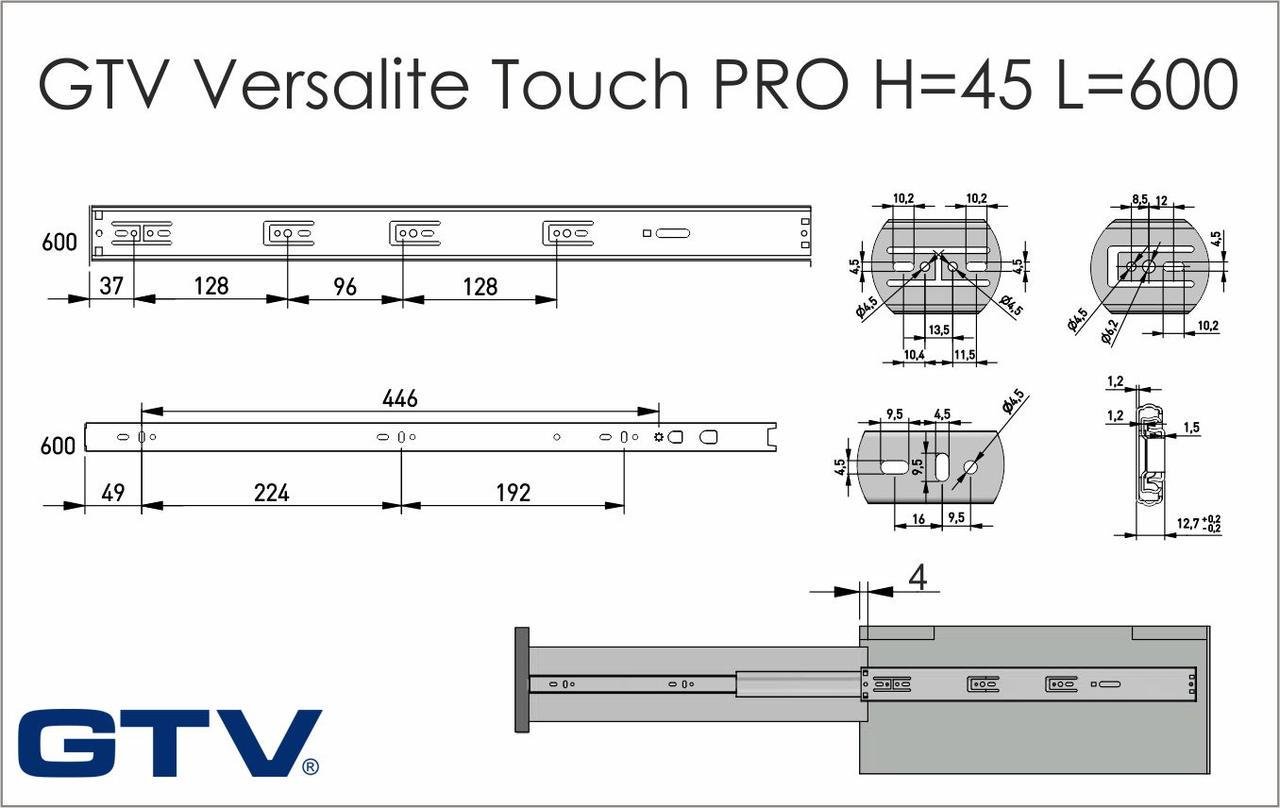 Направляюча кулькова GTV Versalite Touch PRO Push to open Soft Close повного висування Н 45 мм L 600 мм (PK-L-P2O-H45-600) - фото 2 Направляюча кулькова GTV Versalite Touch PRO Push to open Soft Close повного висування Н 45 мм L 600 мм (PK-L-P2O-H45-600) - фото 2