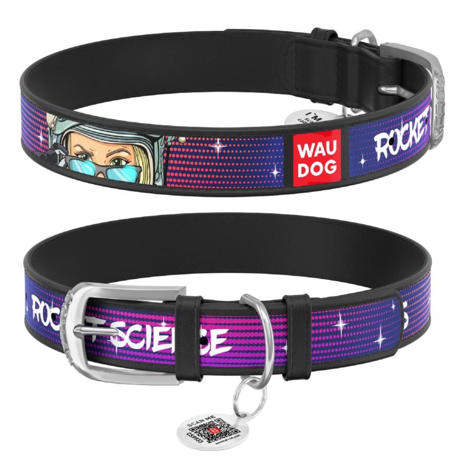 Ошейник для собак кожаный Waudog Design Космос. Ракетостроительство с QR паспортом XL