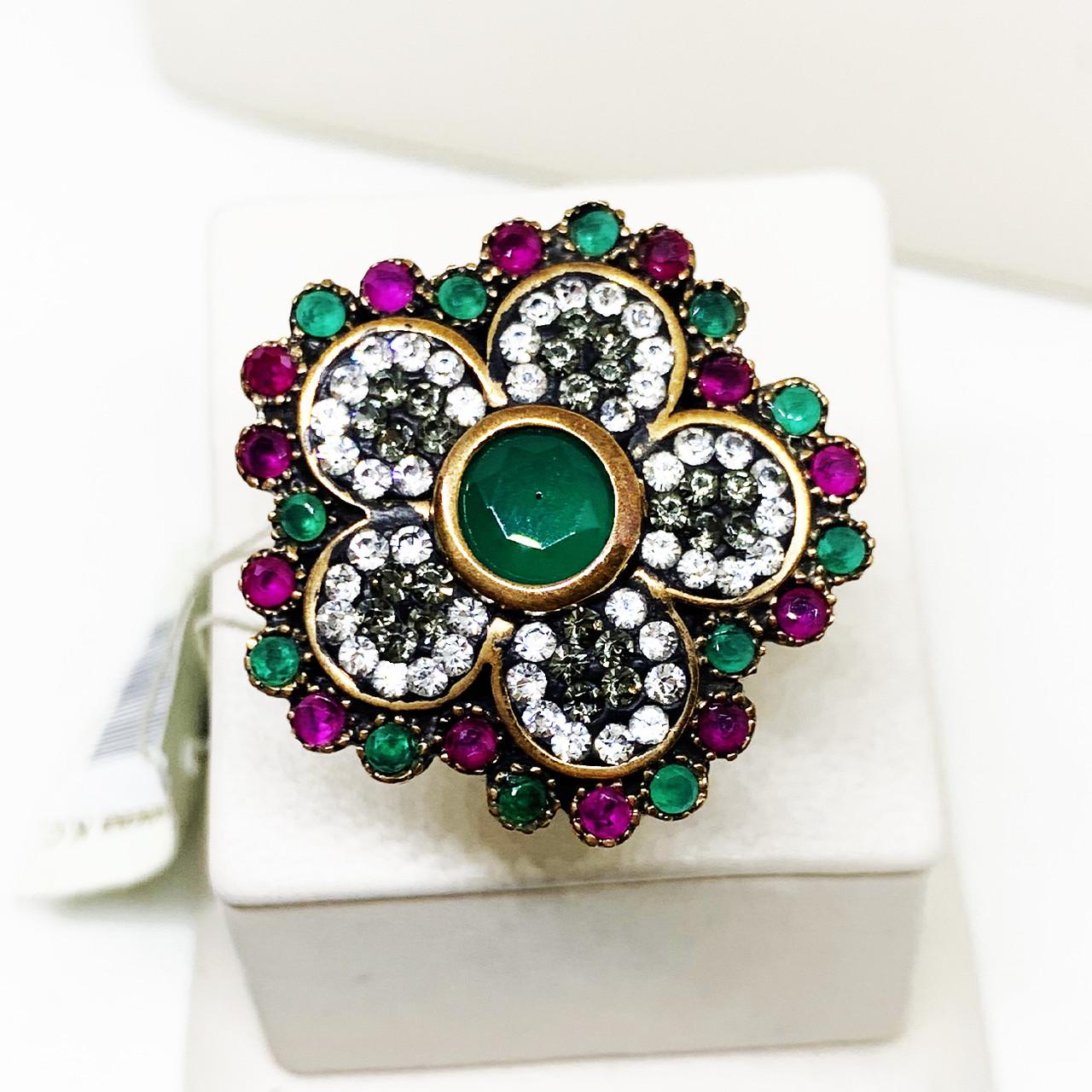 Кольцо серебряное с рубином/изумрудом и агатом р. 18 11,2 г (1597723127)