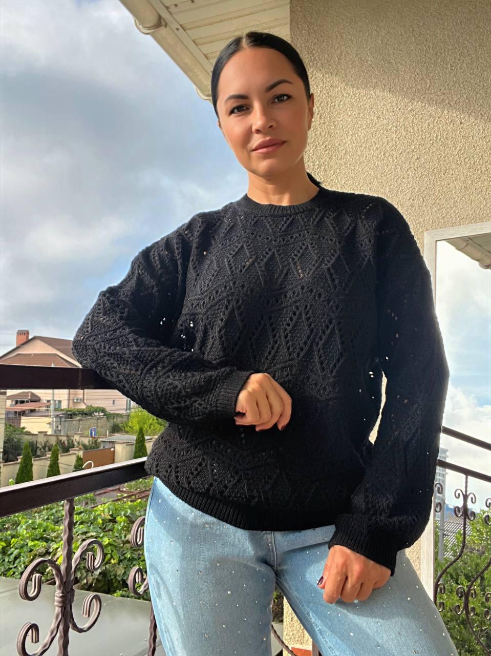 Светр жіночий MIX RAY 6772 ажурна в'язка сітка ромби OS Чорний (1184) - фото 5