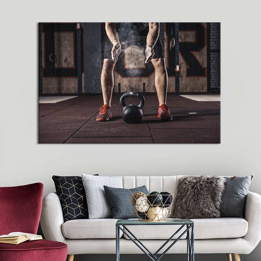 Настінний декор картина на холсті для інтер’єру Спортсмен та гиря 120x80 см (491-1)