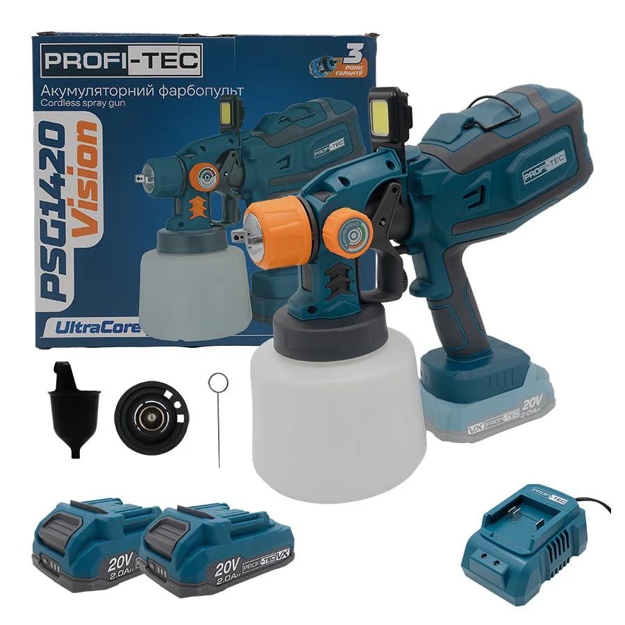 Фарборозпилювач акумуляторний PROFI-TEC PSG1420 Vision 20 В 2х2 Аг/бак 1400 мл/0.85 л/хв сопла/1/1,5/1,8/2,5 мм (LO-06542)