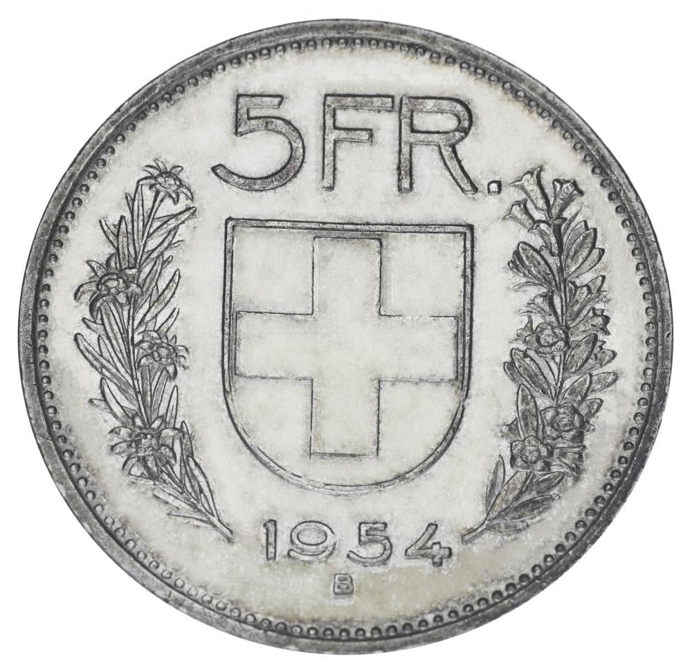 Коллекционная монета Швейцария 5 франков 1954 серебро F-VF