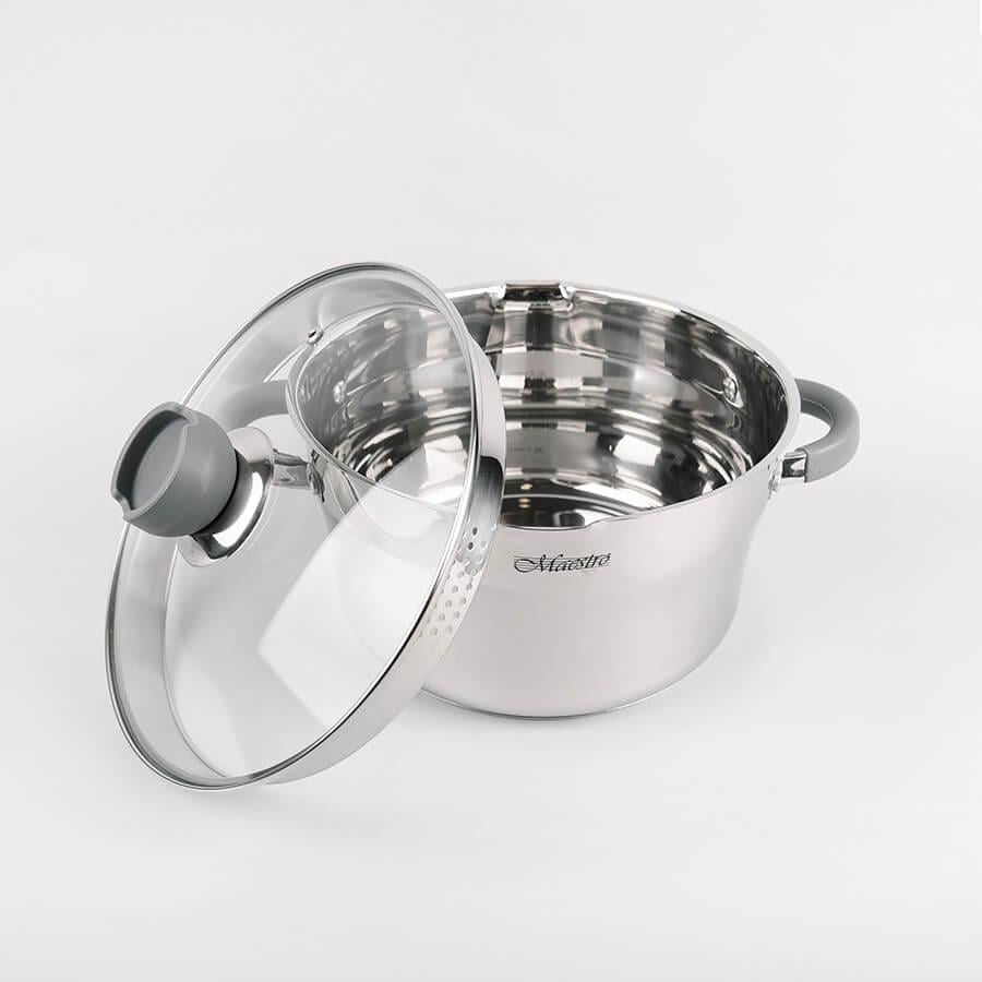 Кастрюля из нержавейки с крышкой-дуршлагом и мерной шкалой жидкости 2,4 л (MR-3507-18)