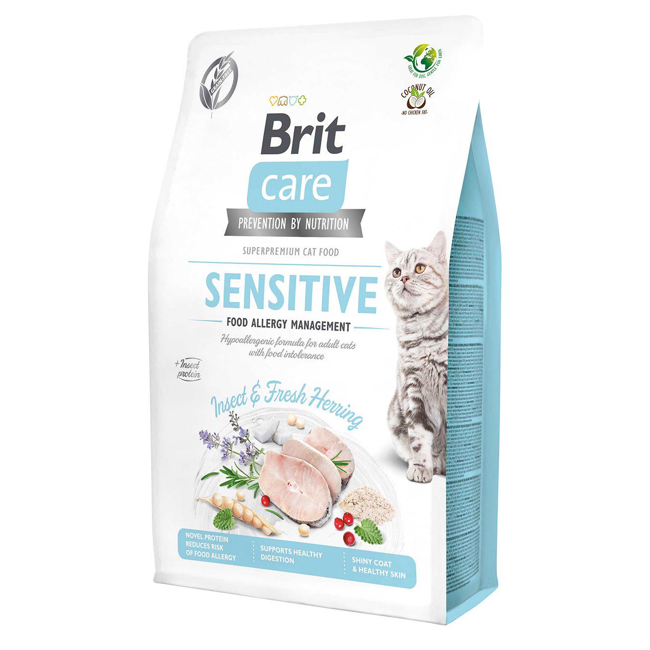 Корм сухой беззерновой Brit Care Cat Sensitive Insect & Fresh Herring гипоаллергенный с насекомыми и селедкой для взрослых кошек всех пород с чувствительным пищеварением 2 кг (554218)