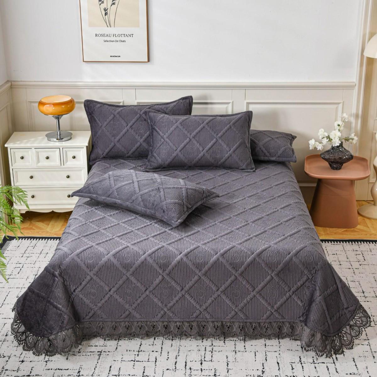 Покривало та 2 наволочки велюрове Koloco євро 230х250 см Графітовий (40401)