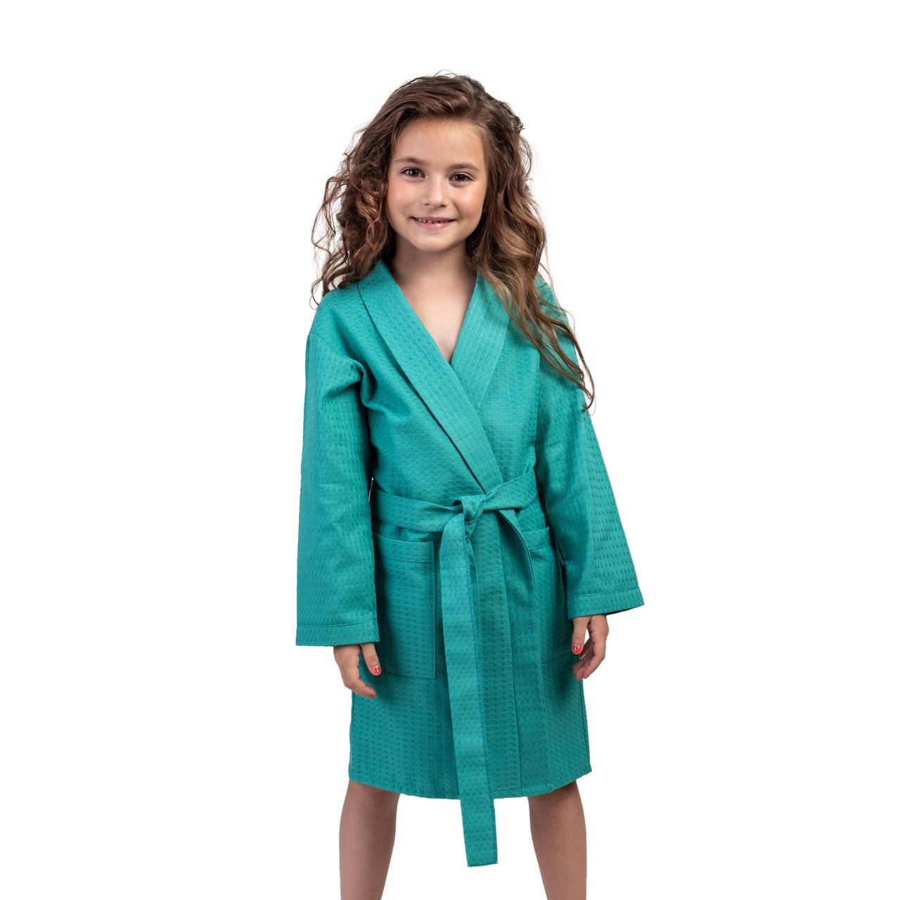 Детский вафельный халат Luxyart размер 104 см-125 см 30-32 100% хлопок Зеленый (LS-200)