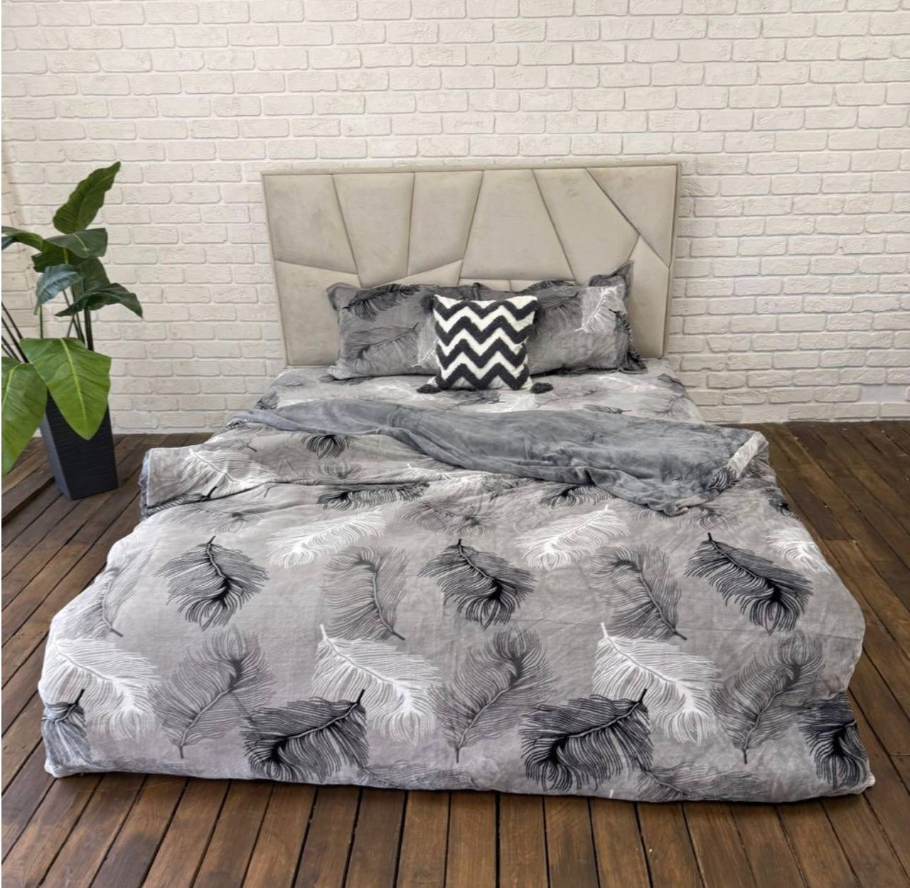 Постільна білизна плюшева мікрофібра пухнаста полуторний 50х70 см Сірий із білим
