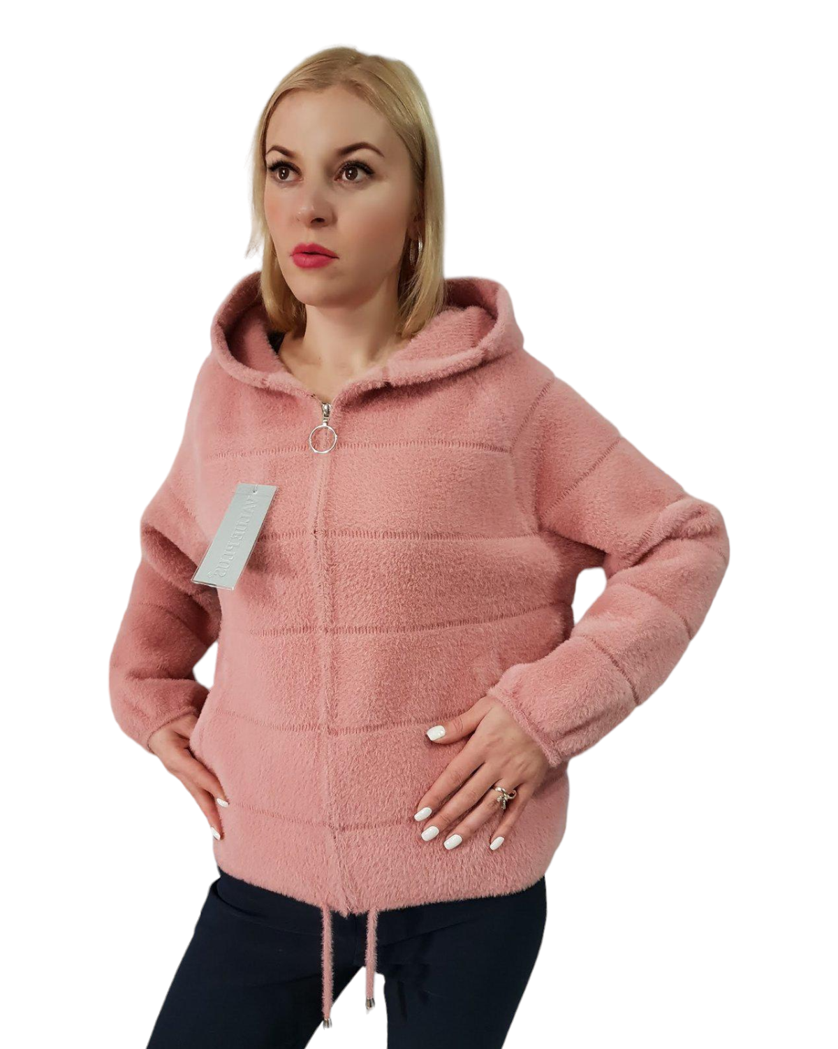 Пальто из шерсти альпака с капюшоном р. 46-50 Розовый (8823)