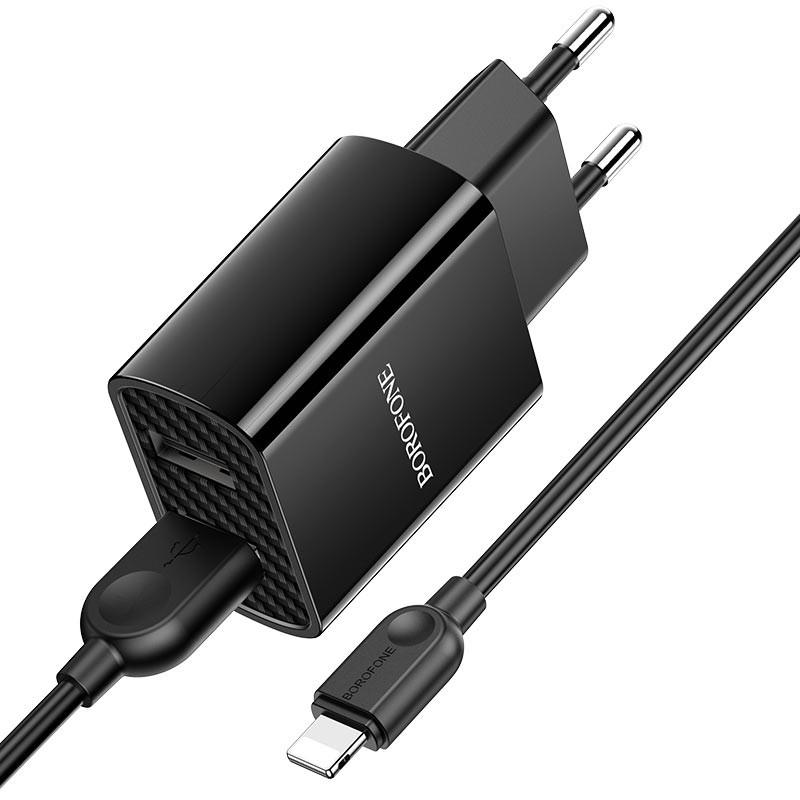 Зарядний мереживний пристрій універсальний Borofone BA53A Powerway 2USB 2,1A з кабелем Lightning Black - фото 3