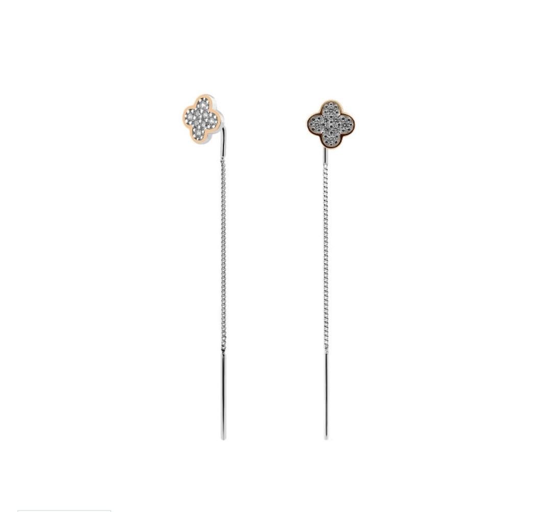 Серьги серебряные Клевер в белых камнях с золотой пластиной 925 пробы 1,95 г (455)