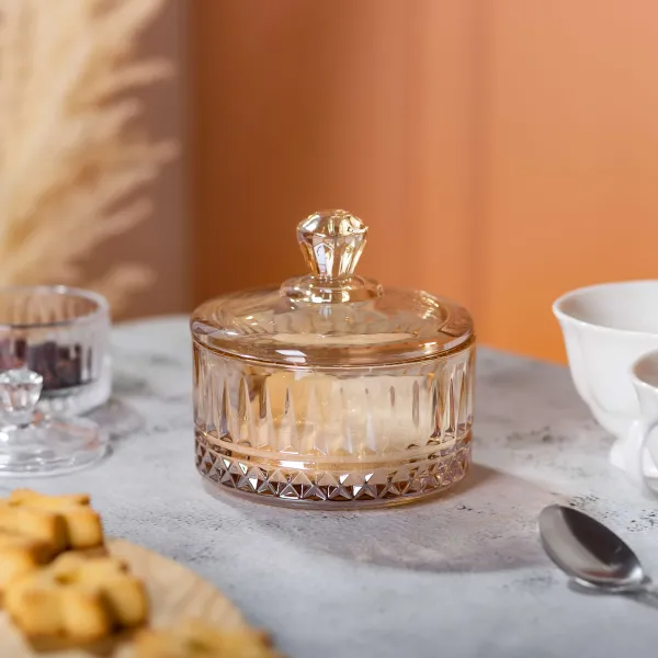 Цукерниця з кришкою скляна ребриста Коричневий (HP-YH-75) - фото 5 Цукерниця з кришкою скляна ребриста Коричневий (HP-YH-75) - фото 5