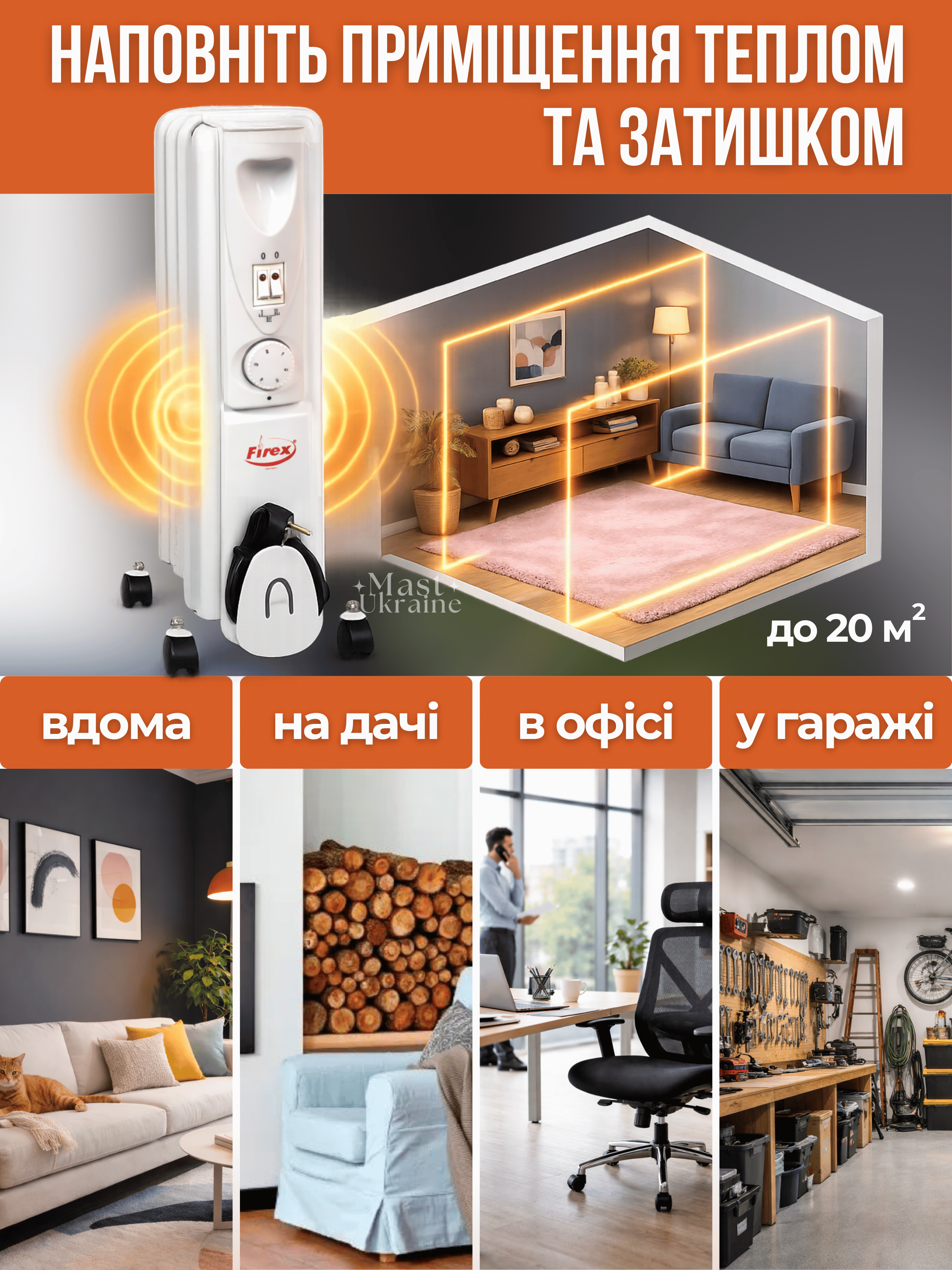 Обігрівач масляний радіаторний Firex з колесами і термостатом 1500Вт 7 секцій Білий (FRX-1500) - фото 8 Обігрівач масляний радіаторний Firex з колесами і термостатом 1500Вт 7 секцій Білий (FRX-1500) - фото 8