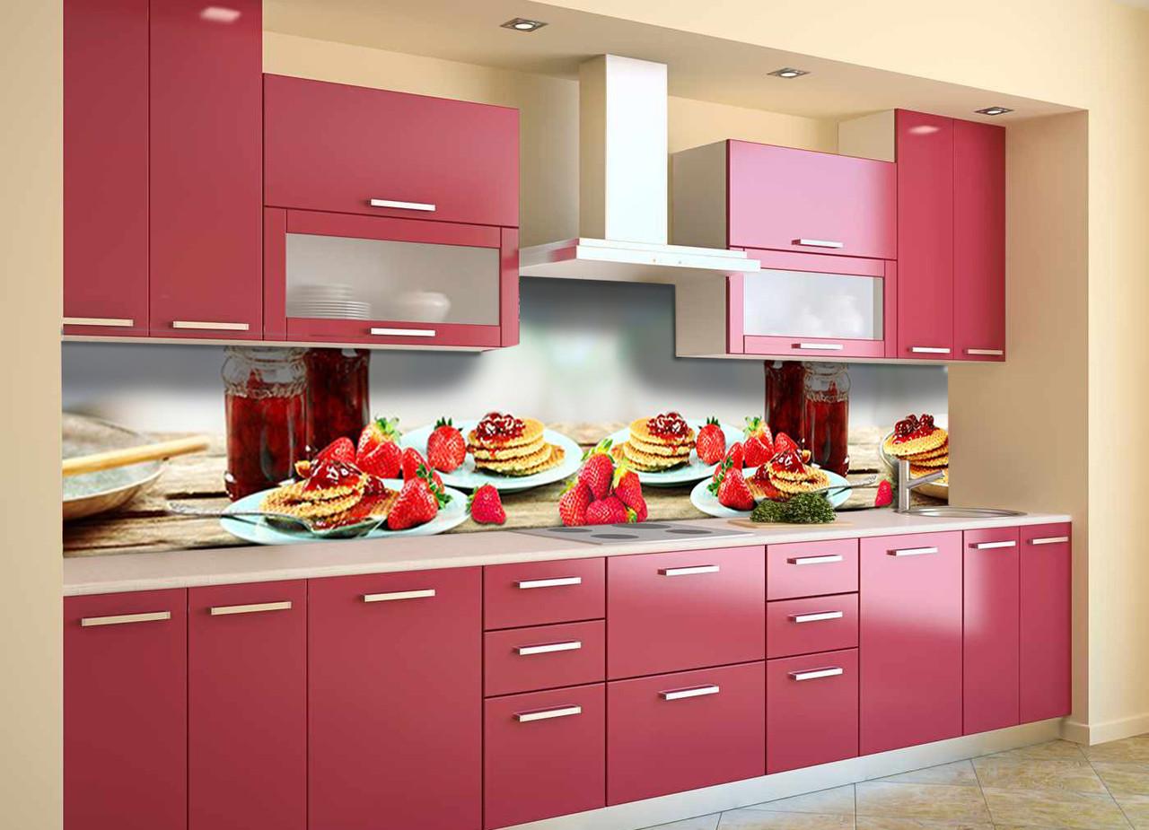 Кухонный фартук Блинчики с клубникой из самоклеющейся виниловой пленки 60х250 см Красный