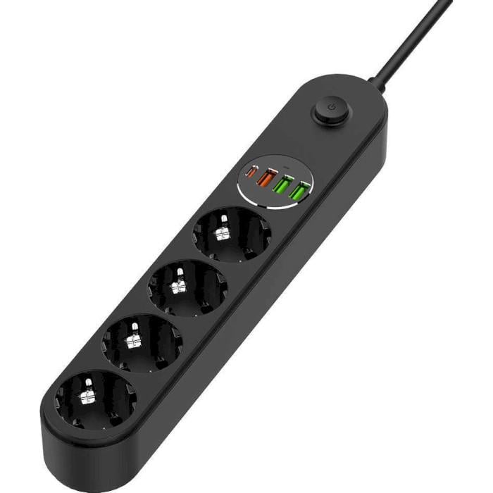 Мережевий фільтр ColorWay CW-CHE44PDB 4 розетки 1 USB-C PD 20W 3 USB-A QC3.0 45W 2 м Black (26076044)