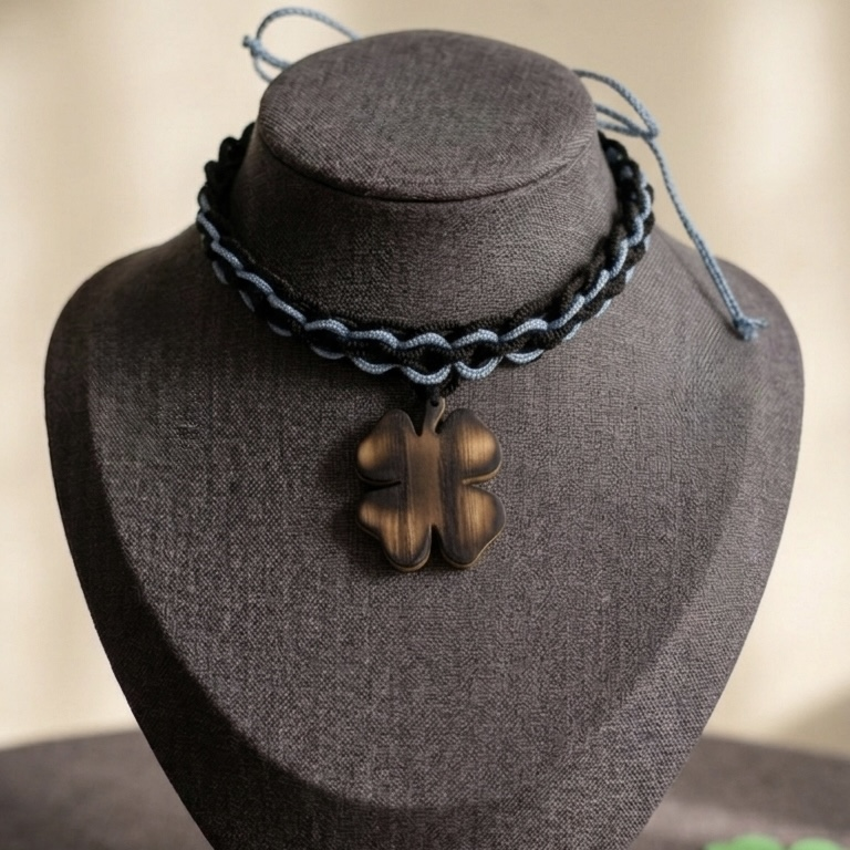 Чокер с деревянной подвеской в форме листа клевера женское украшение ручной работы в технике фриволите из мерсеризированного хлопка Синий