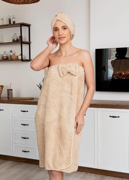 Полотенце банное на резинке для сауны с чалмой Бежевый (0209-2)