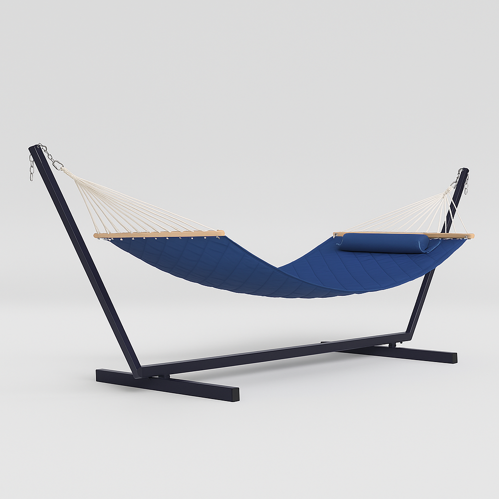 Стойка для гамака 50х50 см и двухместный гамак SOFT XXL 200x140 см с планками Синий