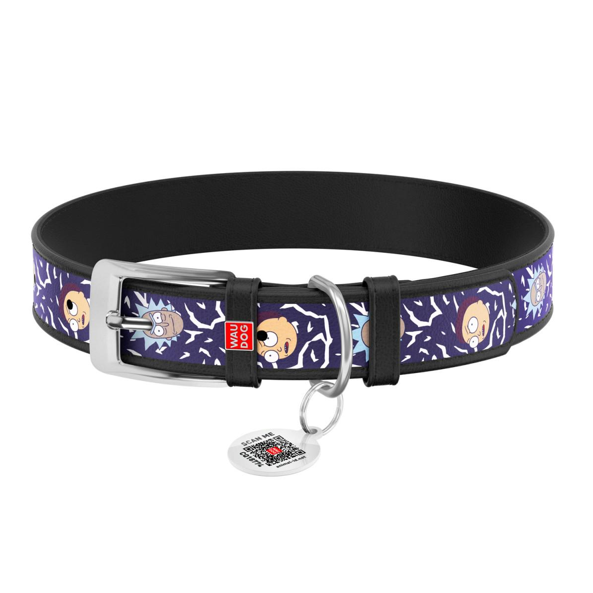 Ошейник для собак Waudog Design Рик и Морти 2 с QR паспортом кожаный XL 46-60 см х 35 мм Черный (3606-0281-01)
