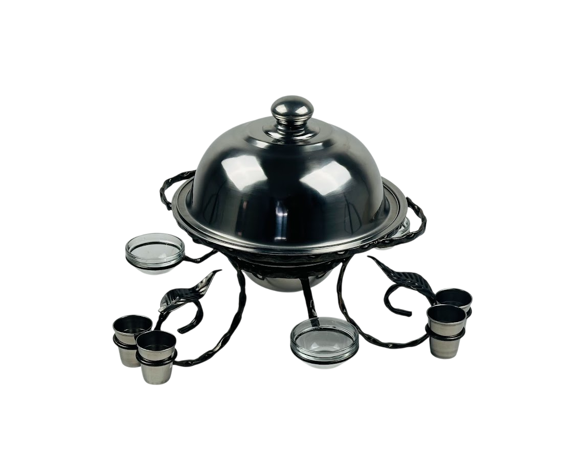 Садж для подогрева шашлыка GrillMaster SJ-6584 с соусницами/рюмками/крышкой из нержавеющей стали 28 см (10-164-SJ-6584)